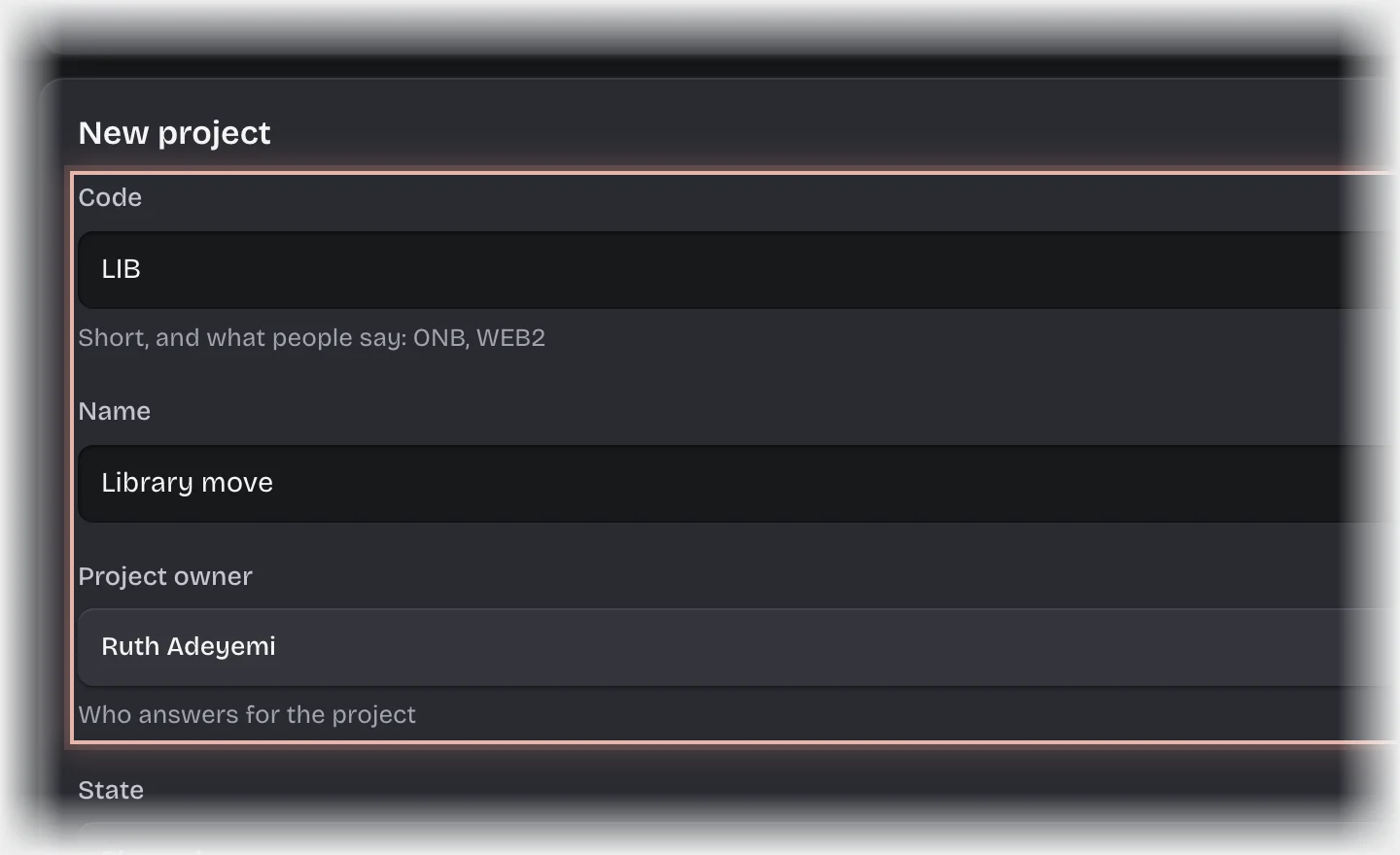 The New project form with Code, Name and Project owner filled in and outlined