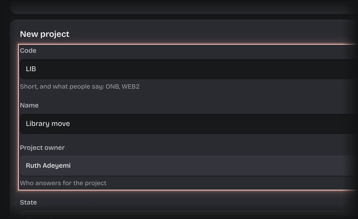 The New project form with Code, Name and Project owner filled in and outlined