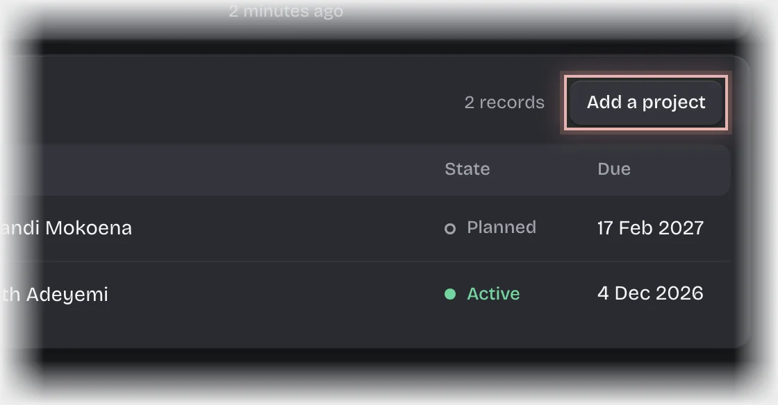 The Add a project button outlined on the Projects list on the Overview