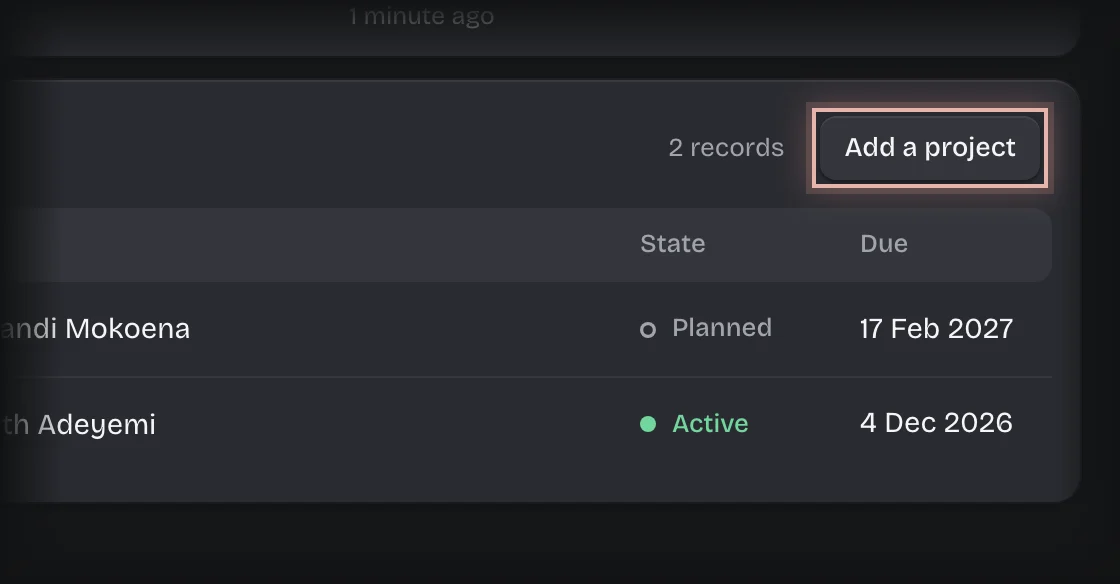 The Add a project button outlined on the Projects list on the Overview
