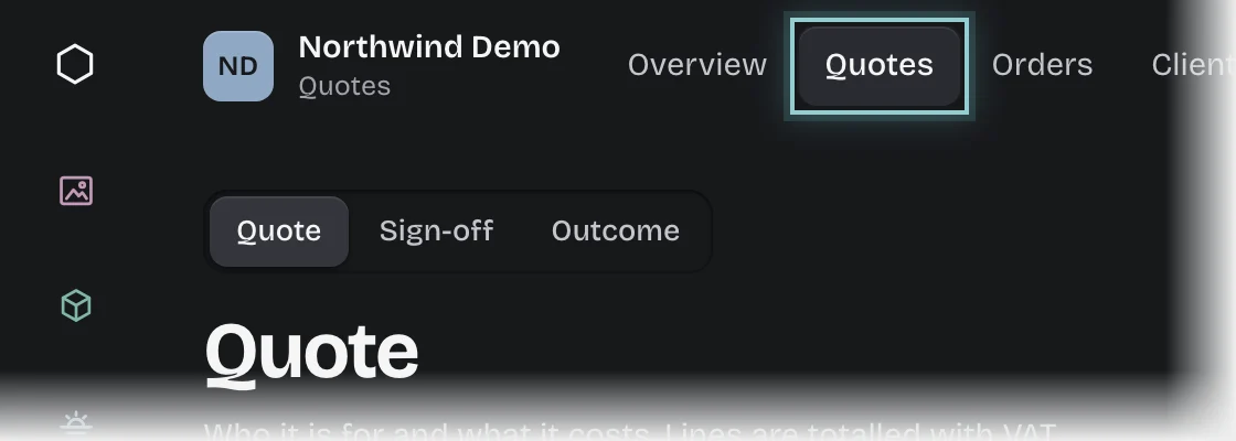 The top bar of Quotes with the Quotes tab outlined, and the Quote stage open below it