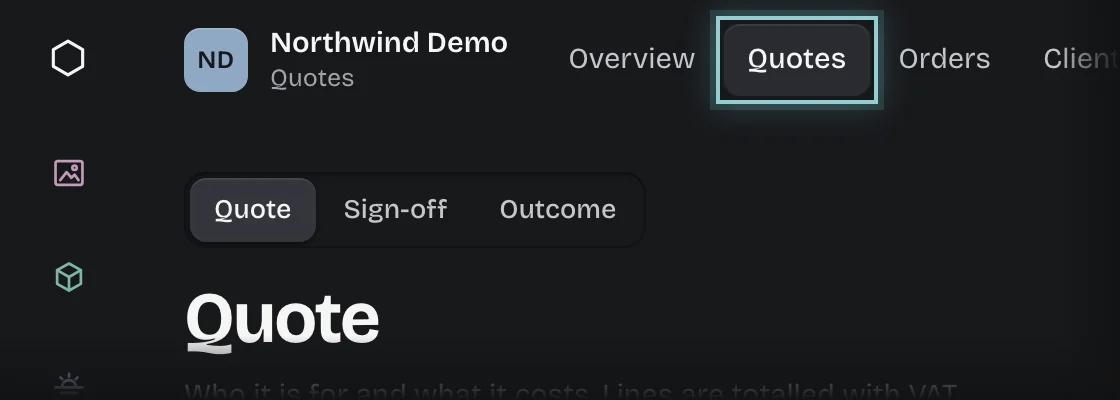 The top bar of Quotes with the Quotes tab outlined, and the Quote stage open below it