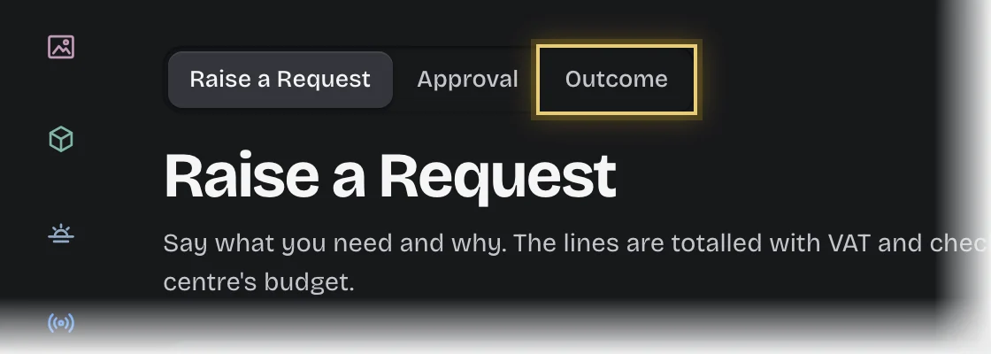 The stage switch of Spend Requests with the Outcome stage outlined