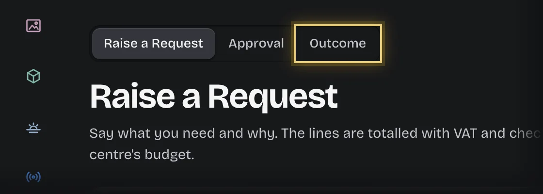 The stage switch of Spend Requests with the Outcome stage outlined