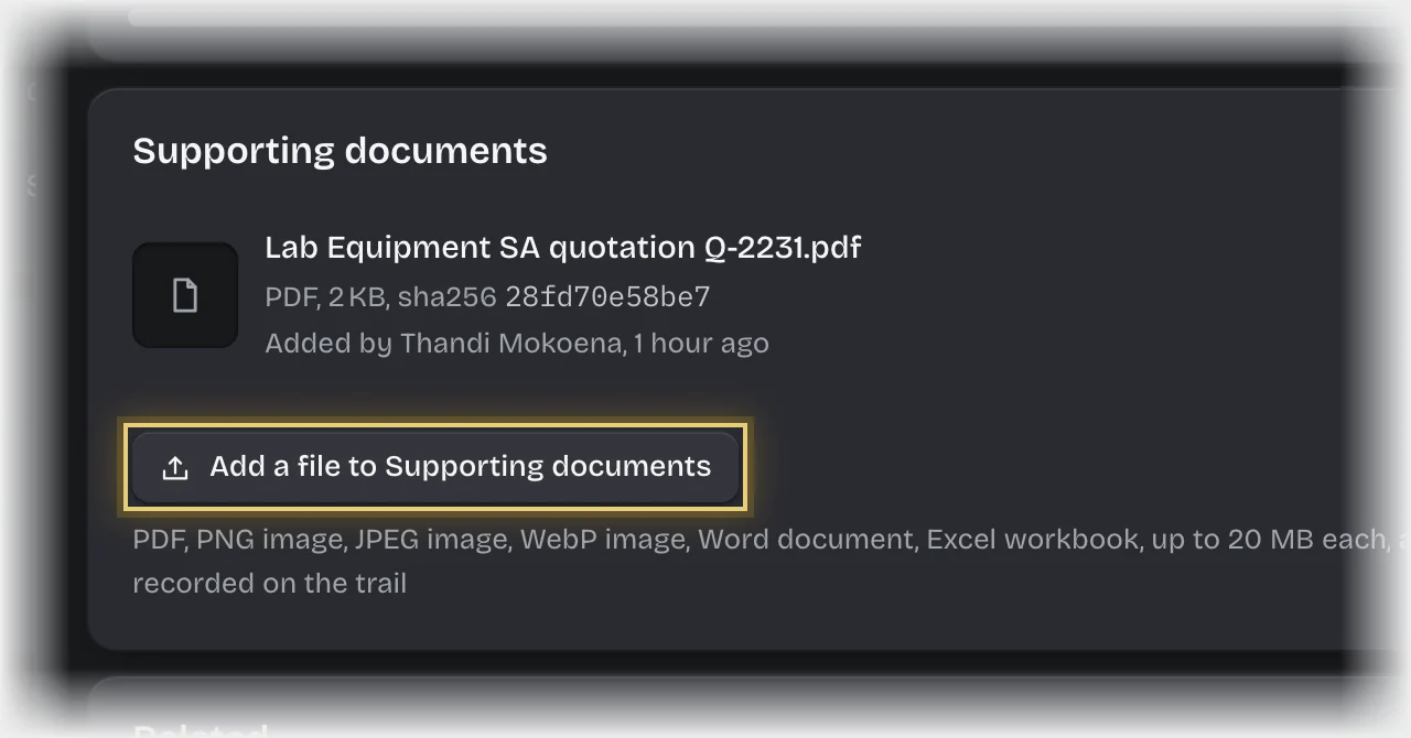 The open request’s Supporting documents, listing the supplier’s quotation, with the Add a file to Supporting documents button outlined