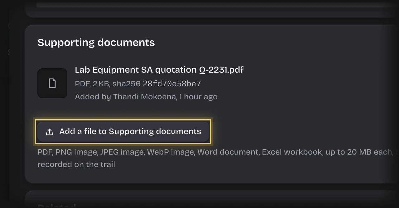 The open request’s Supporting documents, listing the supplier’s quotation, with the Add a file to Supporting documents button outlined