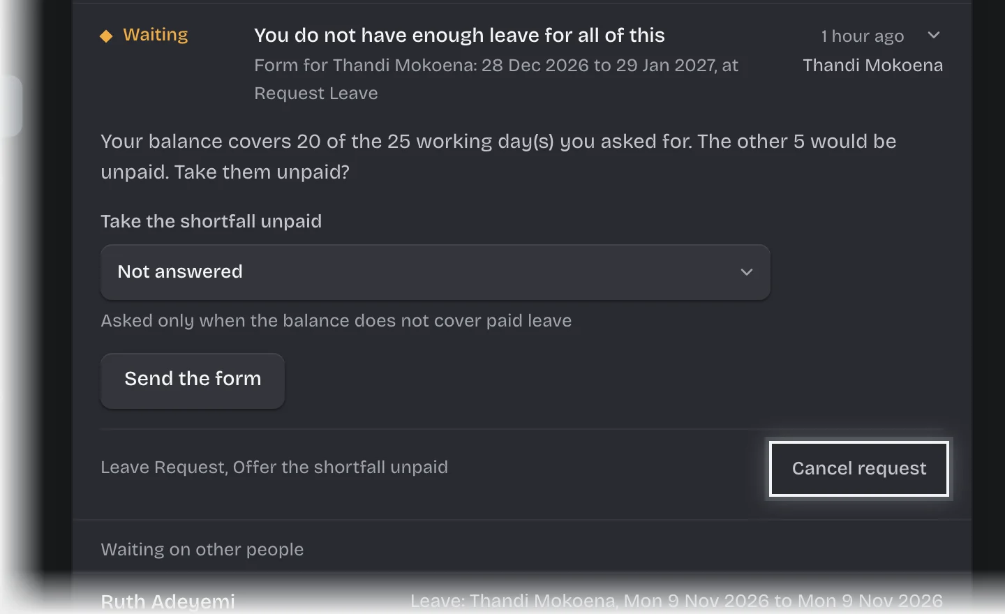 A request card on the desk with the Cancel request button outlined at its bottom right