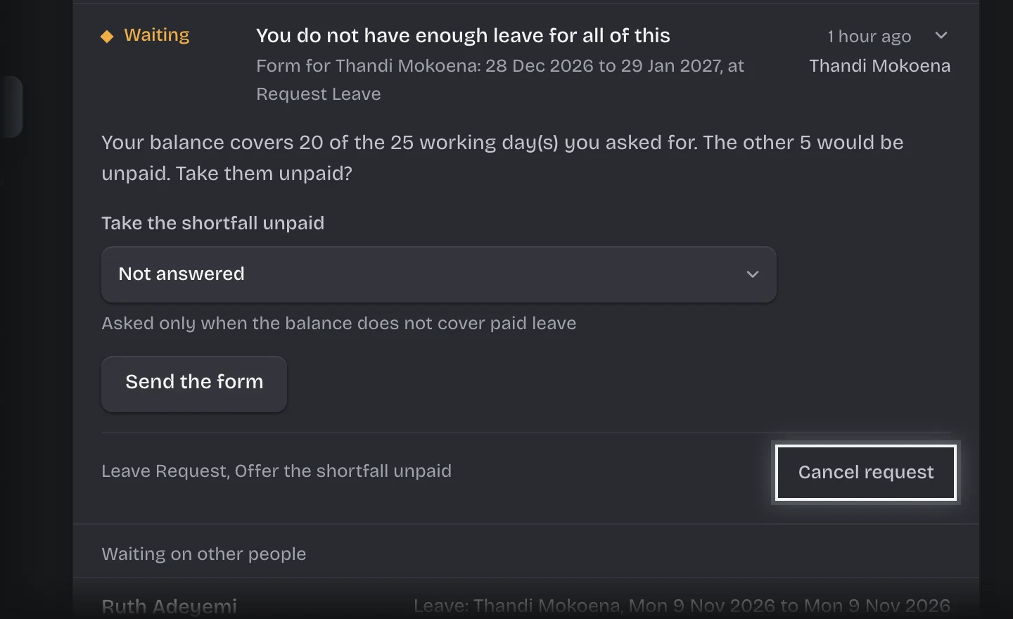 A request card on the desk with the Cancel request button outlined at its bottom right