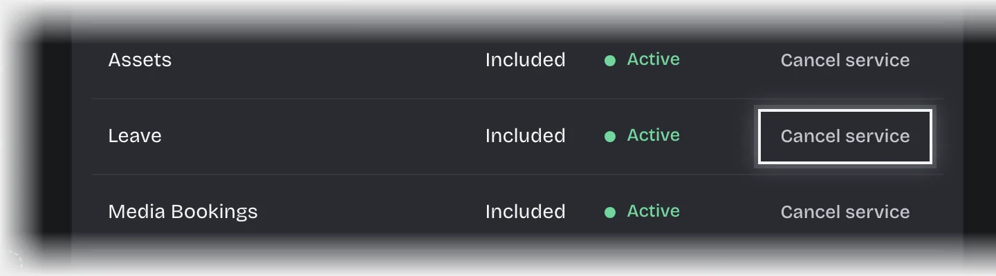 Your services under Manage > Billing with the Cancel service button on the Leave row outlined