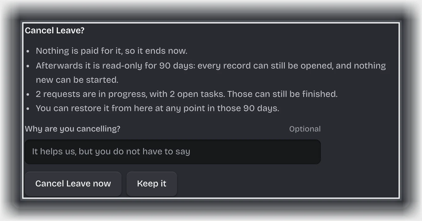 The Cancel Leave? question outlined: what happens, a box for the reason, and the Cancel Leave now and Keep it buttons