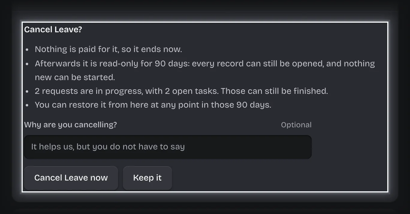 The Cancel Leave? question outlined: what happens, a box for the reason, and the Cancel Leave now and Keep it buttons