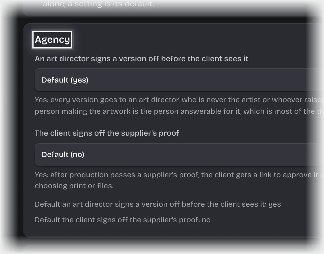 The Agency panel under Manage > Settings, its title outlined, with the setting The client signs off the supplier’s proof
