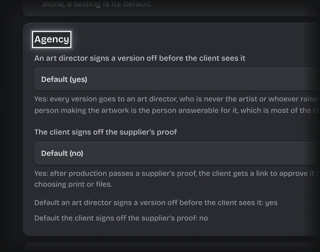 The Agency panel under Manage > Settings, its title outlined, with the setting The client signs off the supplier’s proof