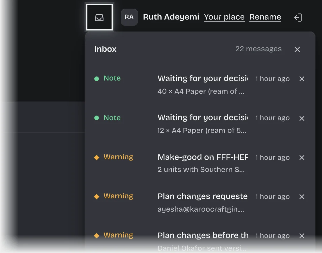 The inbox button at the top right outlined, with the Inbox preview open below it