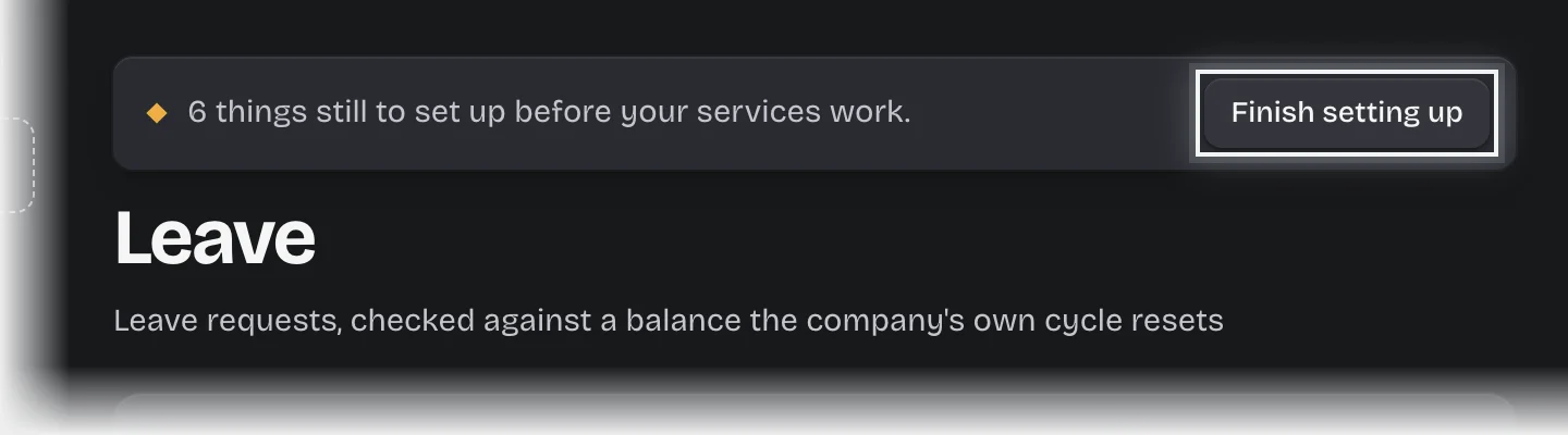 The bar at the top of the workspace saying 6 things are still to set up, with its Finish setting up button outlined