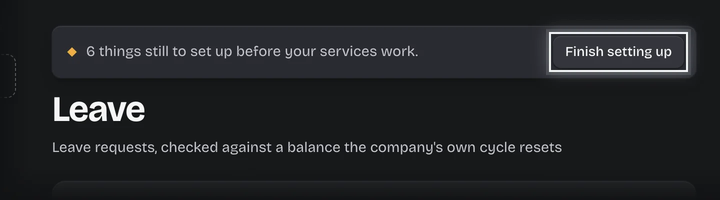 The bar at the top of the workspace saying 6 things are still to set up, with its Finish setting up button outlined