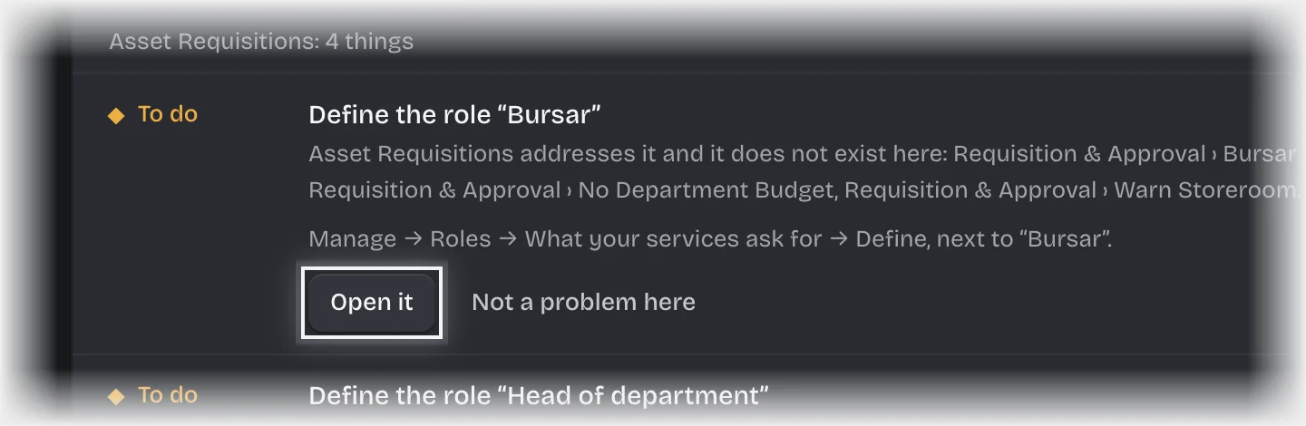 A setup item asking to define a role, with its Open it button outlined