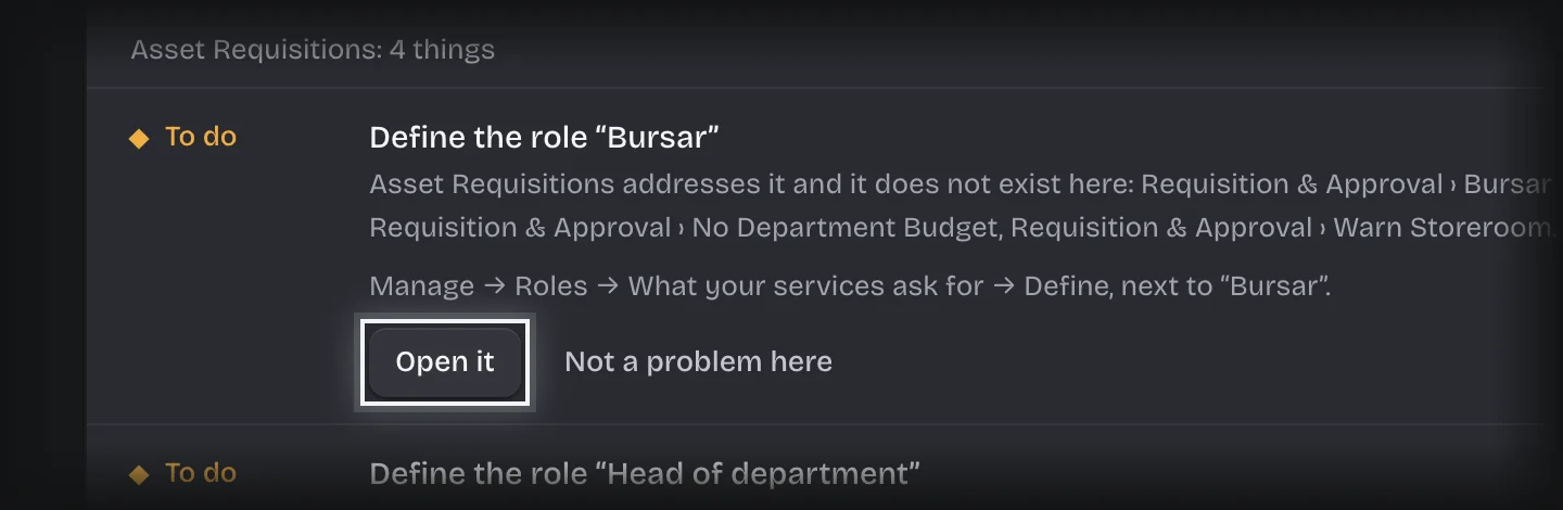 A setup item asking to define a role, with its Open it button outlined