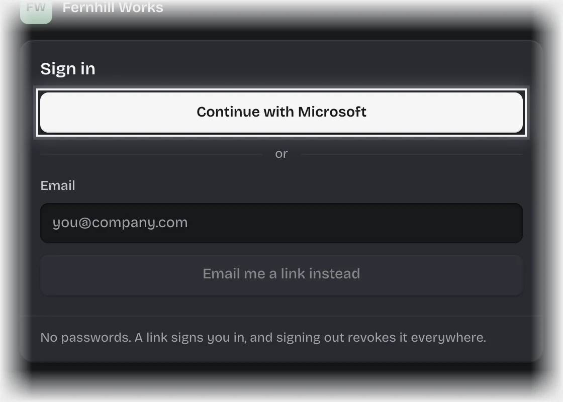 The sign-in card of a workspace with a company login: the Continue with Microsoft button outlined above the email form