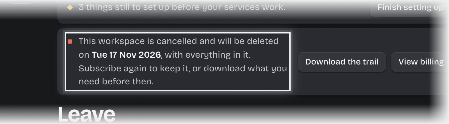 The bar across the top of a cancelled workspace naming the date it will be deleted, outlined