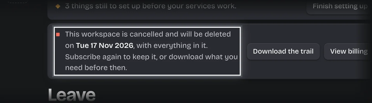 The bar across the top of a cancelled workspace naming the date it will be deleted, outlined